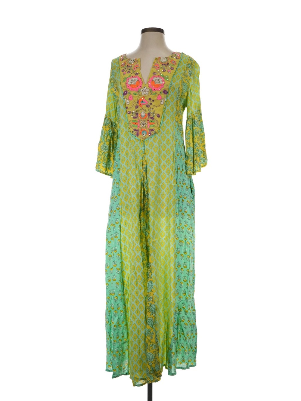 Embroidered Green Floral Maxi Dress with Bell Sleeves
